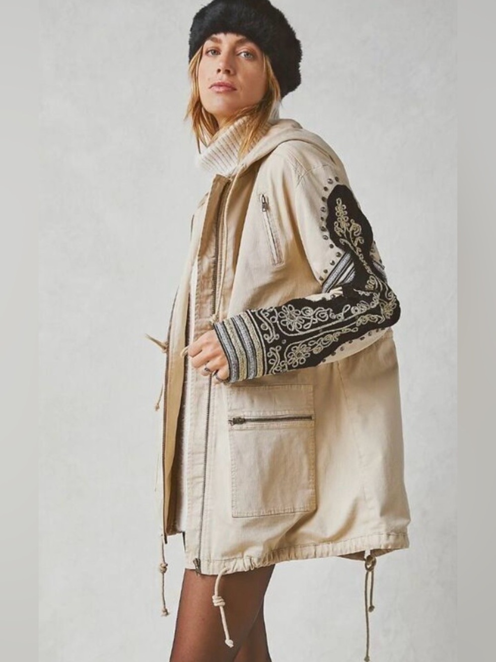 Free People Light Gold/Brown Military Jacket Golden Quills